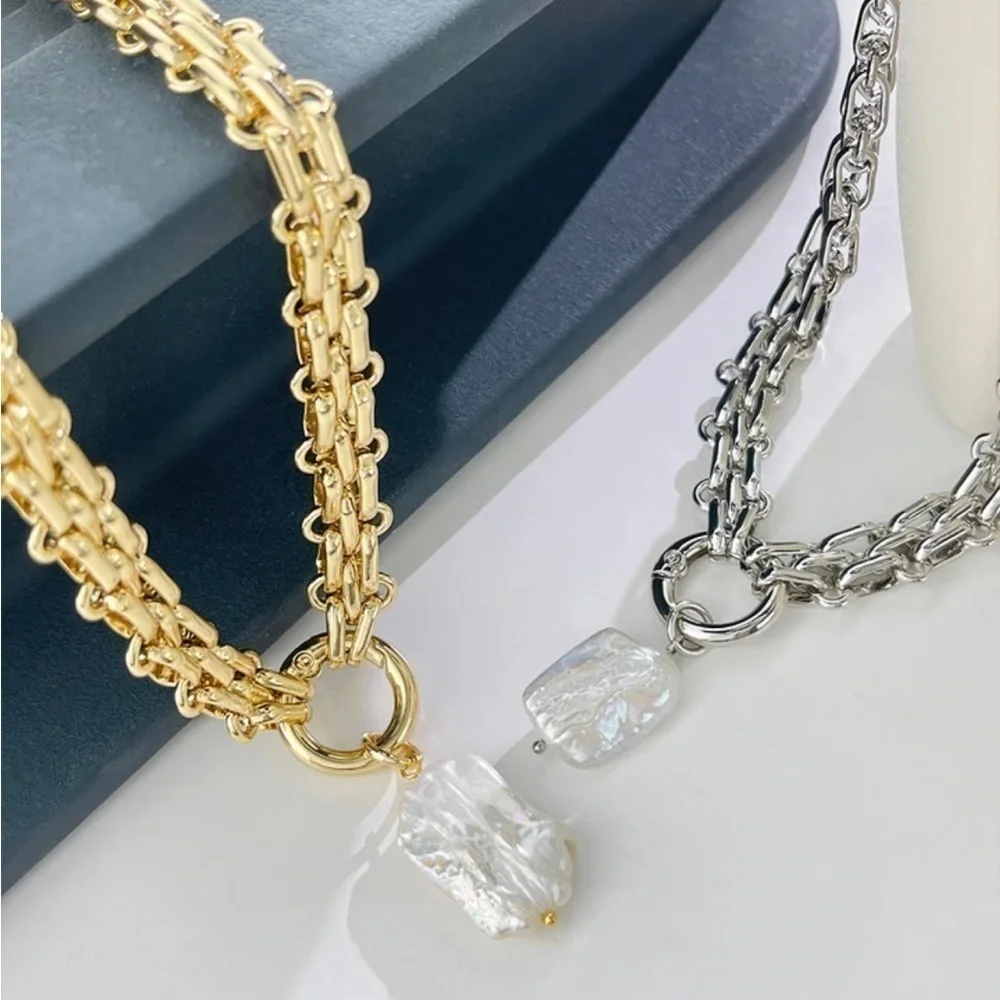18K White Gold Plated Chunky Choker with Baroque Natural Freshwater Pearl on - Picture 3 of 5